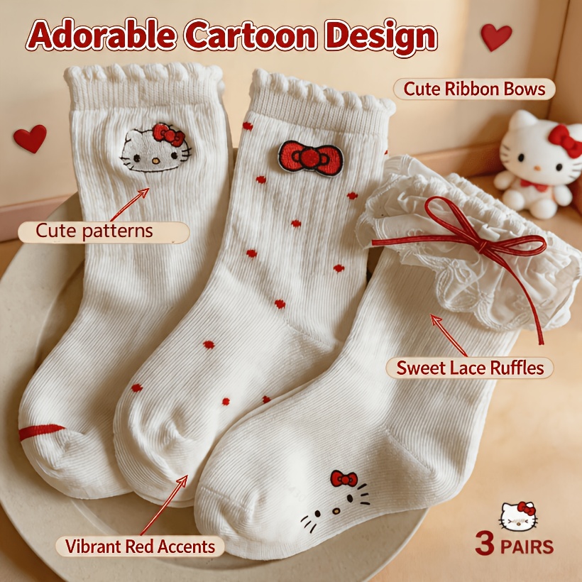 Image of 3-pair Girls' Hello Kitty Socks With Hello Kitty Face & Iconic Outfits Print - Soft Mid-calf Tube Socks Suitable 3-12 Years, Machine Washable For ,, - For To