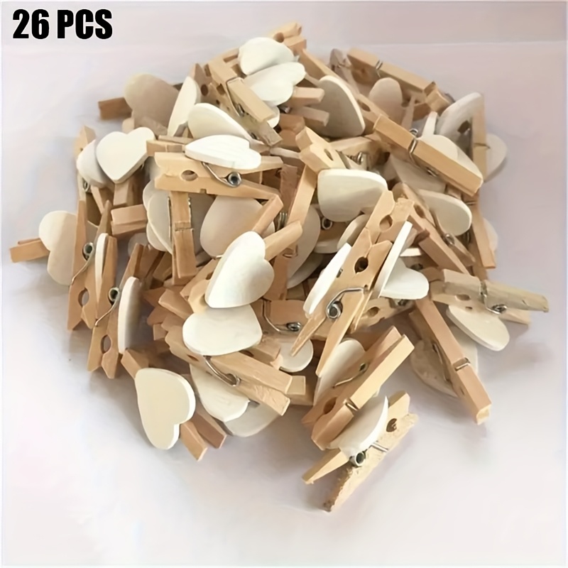 26pcs Wooden Clips Hearts, Mini Clothespins, Natural Wood Pegs For Wedding Decoration Crafts, Cute Party Favors, Photo Paper Hanging, Clothes Pins