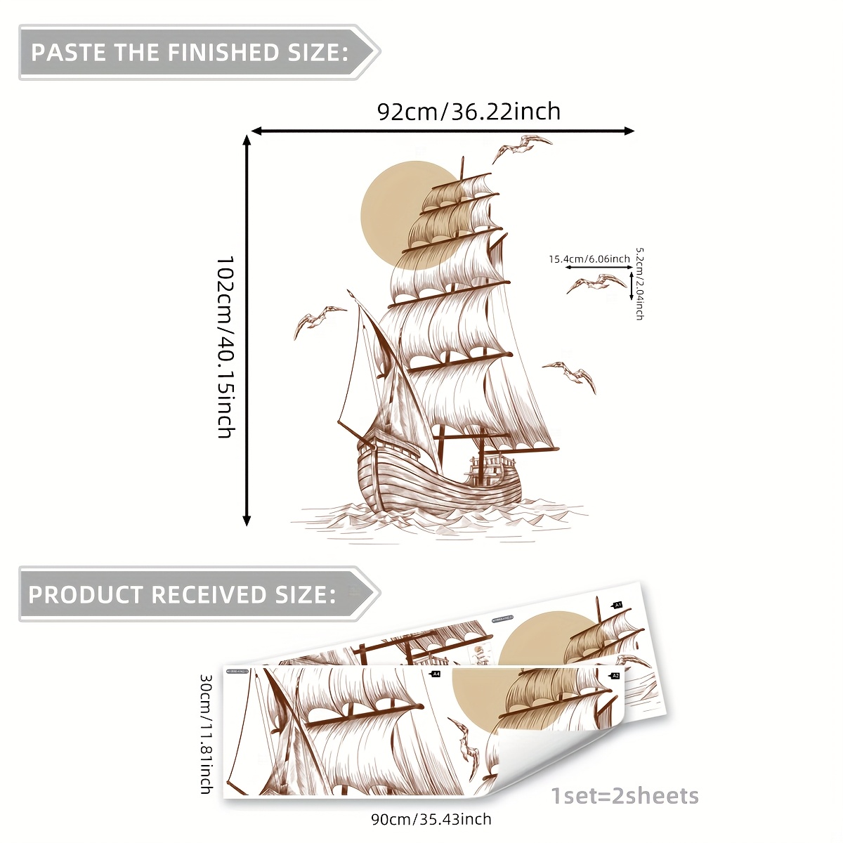 Image of A Set Of 2 Sheets (30*90cm*2pcs) Hand-painted Sailing Ship Wall Stickers Living Room Bedroom Bathroom Home Background Decoration Stickers M13556-kn