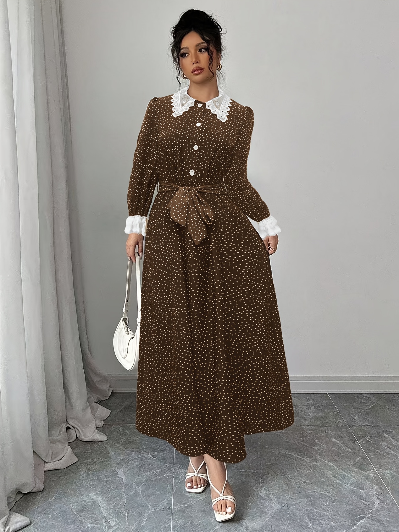 elegant lace collar polka dot color block long dress waist - Temu Bahrain