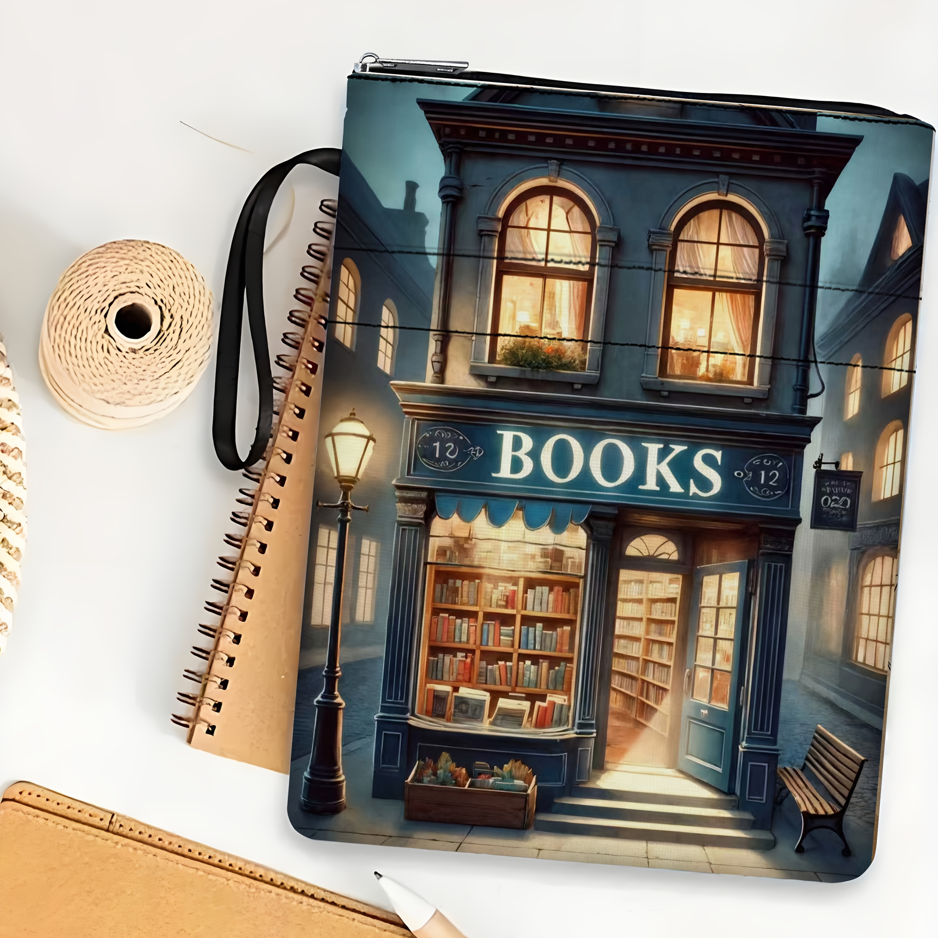 eine blaue buchhandlung-themen-buchhülle mit reißverschluss, taschenbuchschutz, taschenbuchhülle, buchhülle, buchschutz, buchtasche, bedruckte buchhülle buchtasche mit fronttasche, multifunktionale buchaufbewahrungstasche,   für schulen
