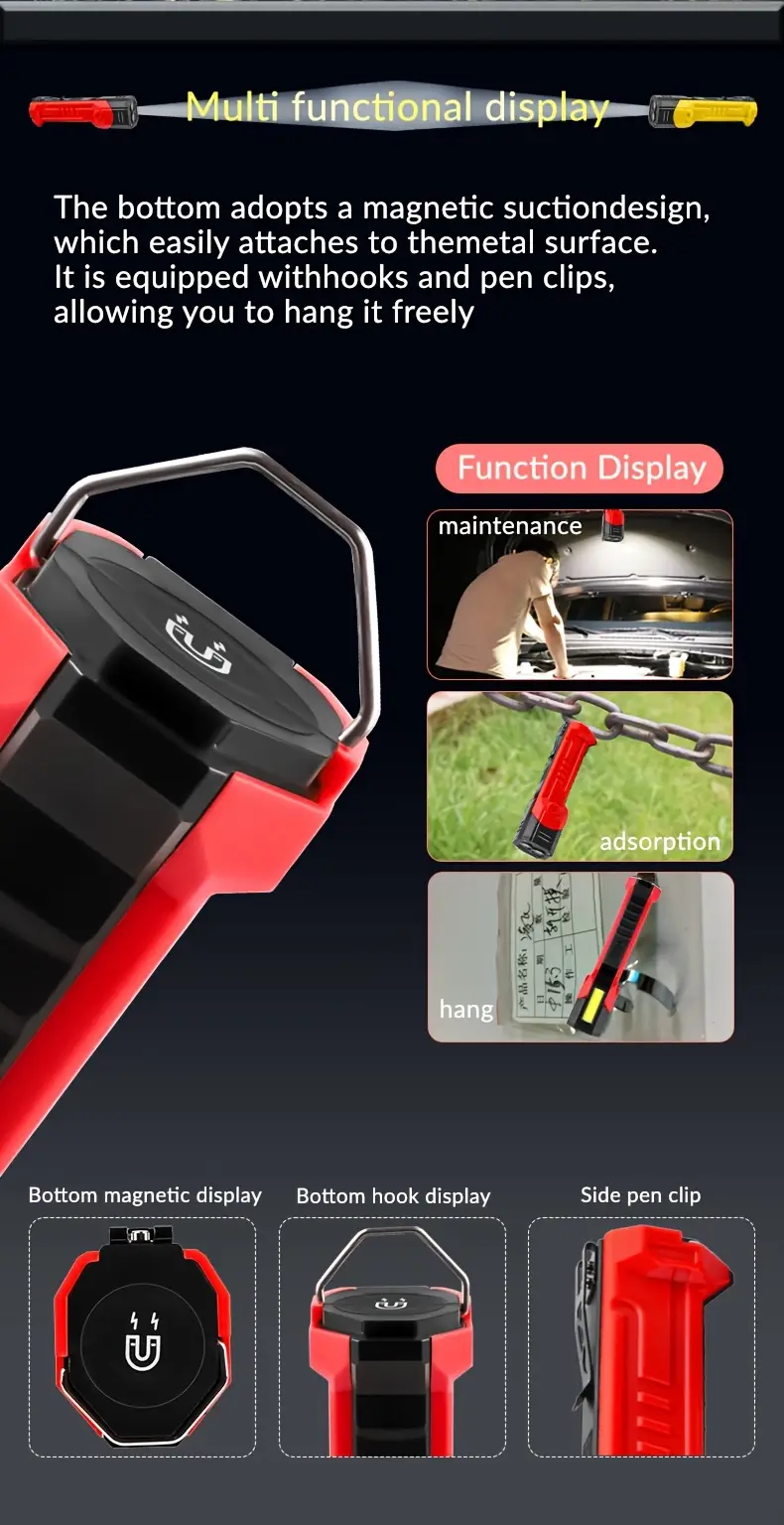 1pc multifunctional work light with cob side light usb charging led flashlight handheld torch with magnet 7 lighting 1500mah suitable for camping fishing night walking running details 1