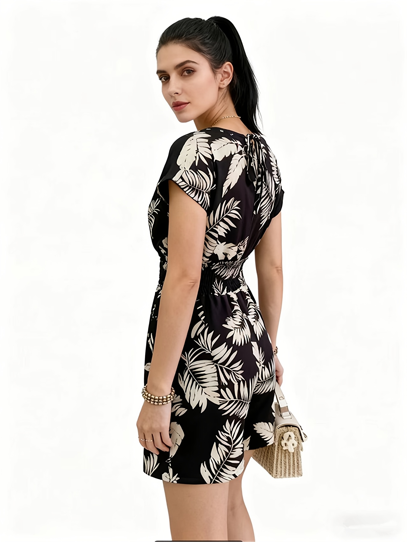 leaf and floral casual versatile jumpsuit high waist tie for a flattering fit with pockets back slit lace up closure elegant womens romper suitable for daily   details 13