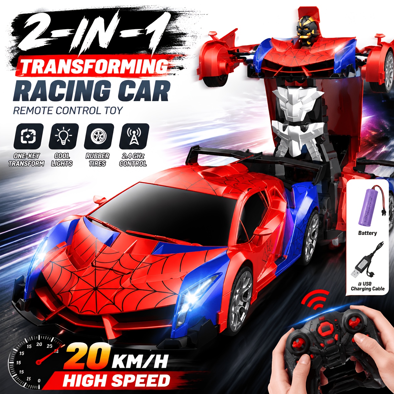 TEMU 2-in-1 Transforming Rc Car Robot 2.4ghz Remote Control Stunt Drift Led Light High Gift (red/yellow/blue/)