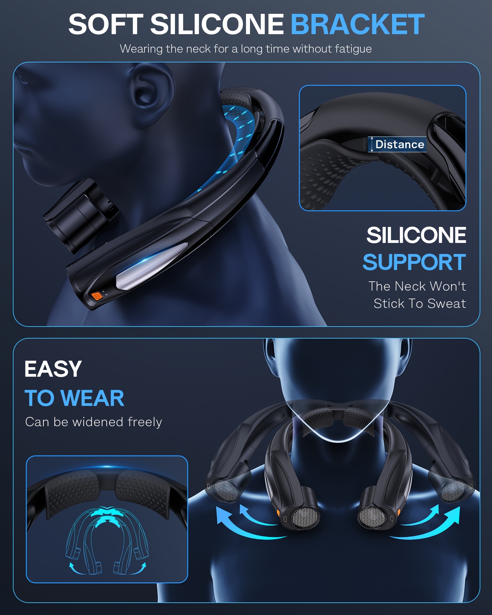 Ultra-Long Battery Life: 6-20 Hours, Dual Wind Speeds, Super Quiet Brushless Motor, 3000mAh*2, Durable USB Charging, Soft Silicone Neck Strap, Ideal for Work, Travel, Sports, and Outdoor Activities, Outdoor Sports Fan|Ergonomic Neckband Fan|Durable