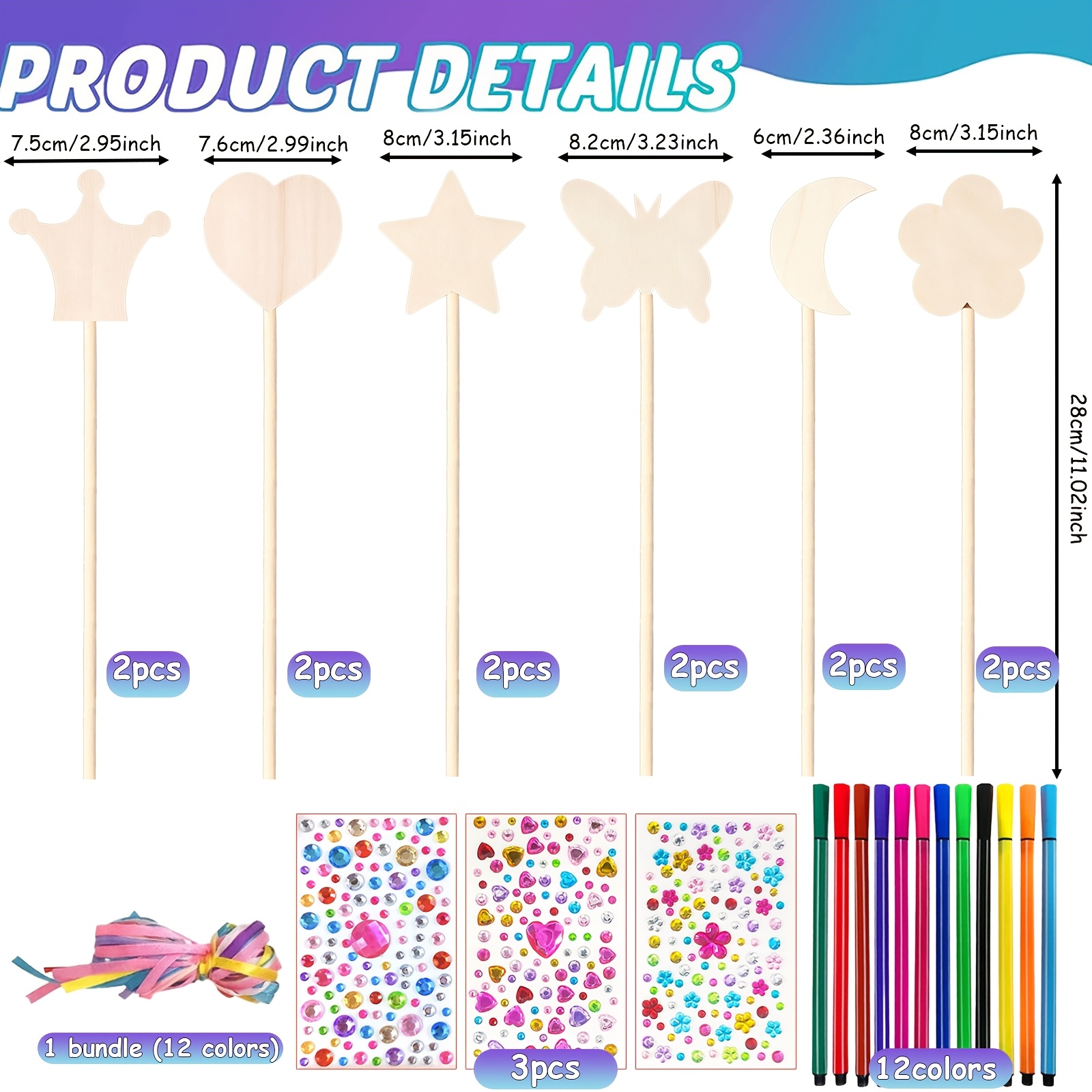 TEMU 27pcs Kids Wooden Craft Kit, Wand Craft Material Pack, Blank Magic Wand Craft Set, Girls' Pretend Play, Princess Dress-up Toy, Includes 12pcs