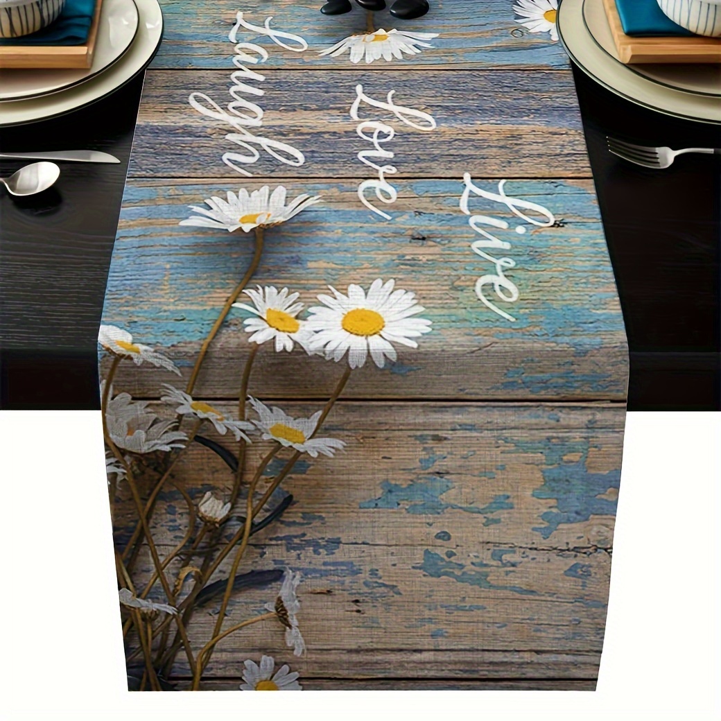 TEMU 1pc, Table Runner, Cute Daisy Pattern Table Runner, Vintage Rustic Style Table Runner, Kitchen Dining Table Decoration For Indoor, Party Decor