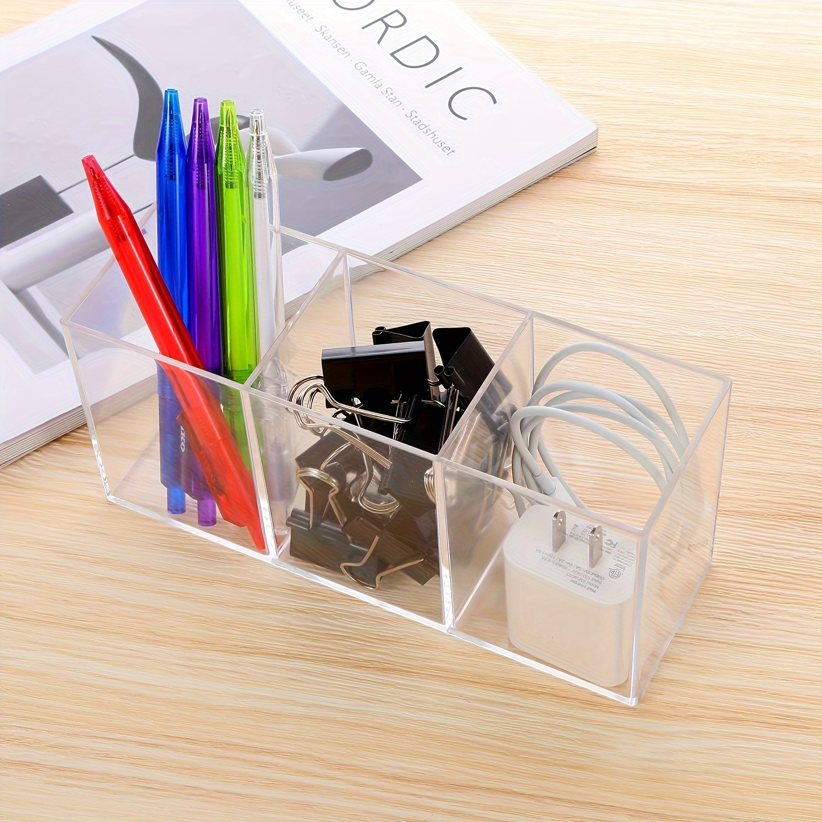 TEMU Clear Acrylic Silverware & Pen Organizer Caddy, Transparent Plastic Silverware Holder, Office, Bedroom, And Bathroom Storage