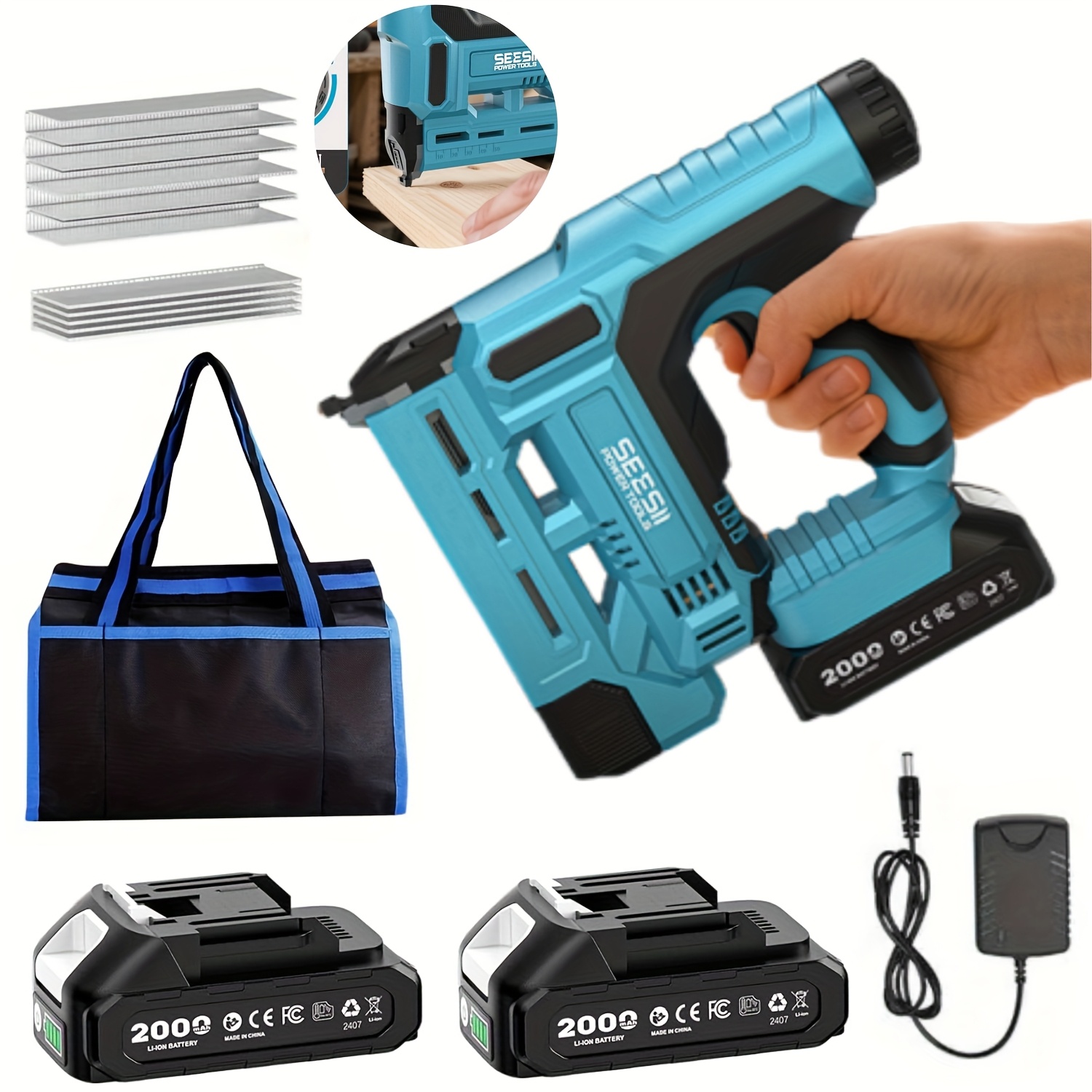 TEMU Seesii 2×21v Max Cordless With 2.0ah Battery - Professional Woodworking & Diy Tool, 18-gauge, Dual Lithium-ion Batteries, Charger & 1000 Brad