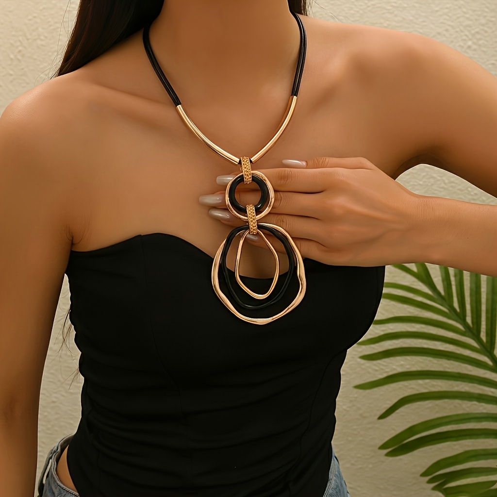TEMU 1 Par Collar Colgante Individual Moderno con Cuerda Negra y Colgante con Forma de Patchwork Redonda Dorada y Negra