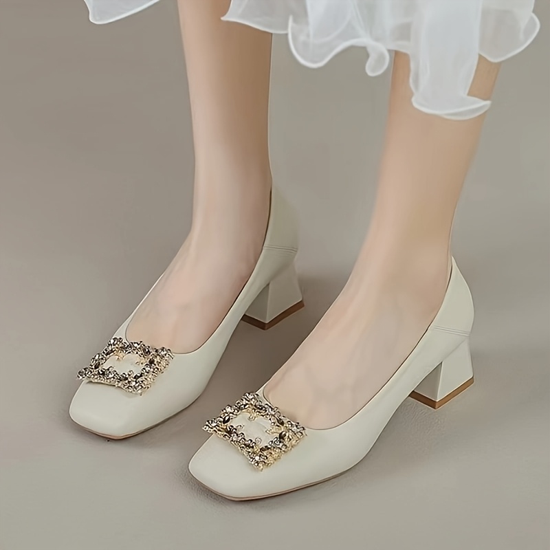 Women's Vintage Elegant Square Toe Block Heel Pumps Crystal Embellished  Black Cover High Heels with Durable Rubber Sole Versatile C