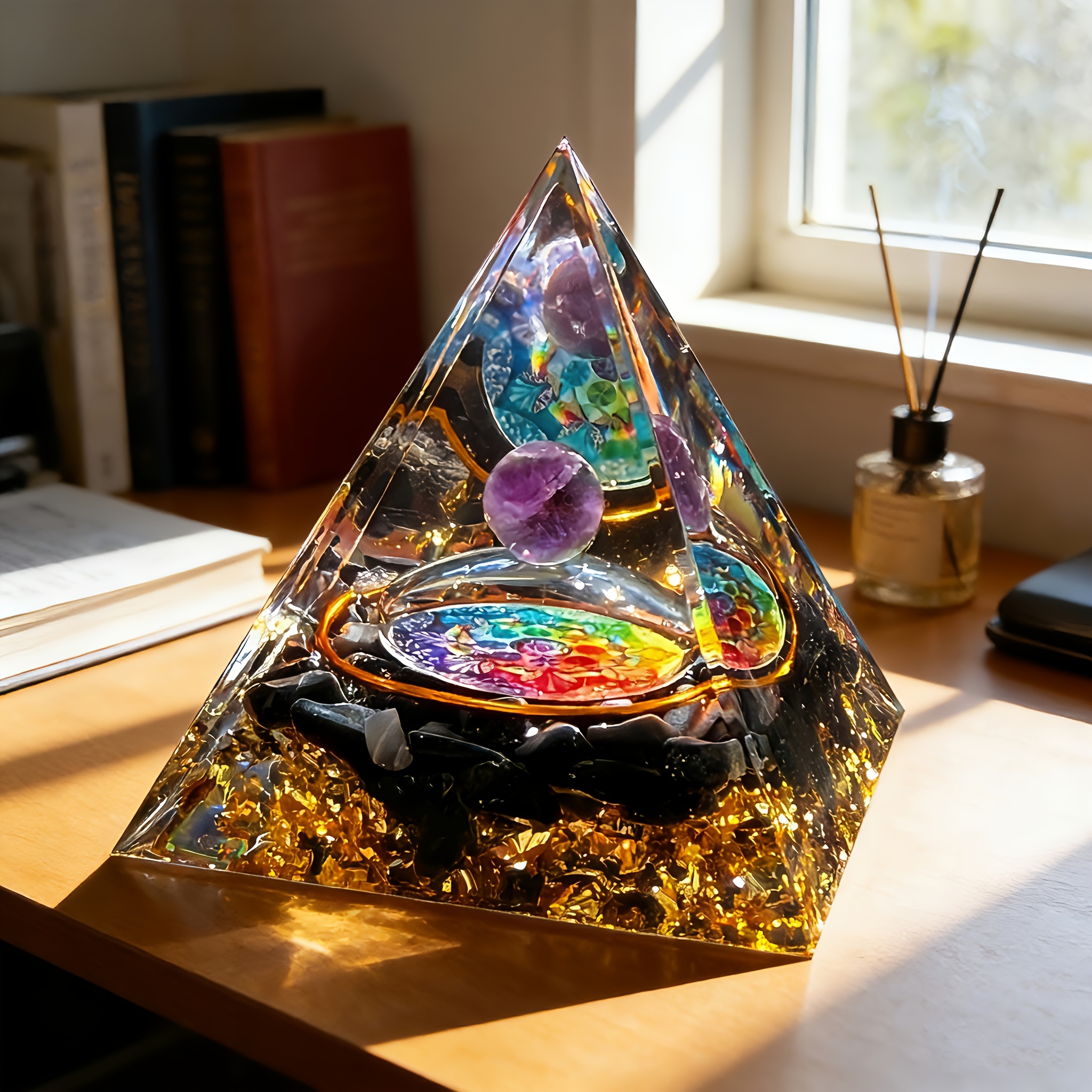 TEMU Natural Crystal Orgone Pyramid Home Decor With Design And Amethyst Spheres, 4-sided Geometric Pyramid For Indoor Display