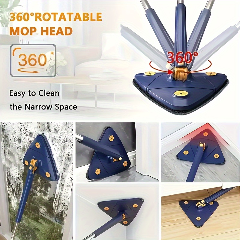 1 ensemble, serpillière de nettoyage rotative à ° triangulaire avec 4 chiffons de rechange, serpillière à long manche, serpillière à essorage mains, serpillière pour nettoyage sec et humide, utilisée pour sol, mur, plafond, verre dangle, fournitures de nettoyage, outils de nettoyage, fournitures de noël détails 2