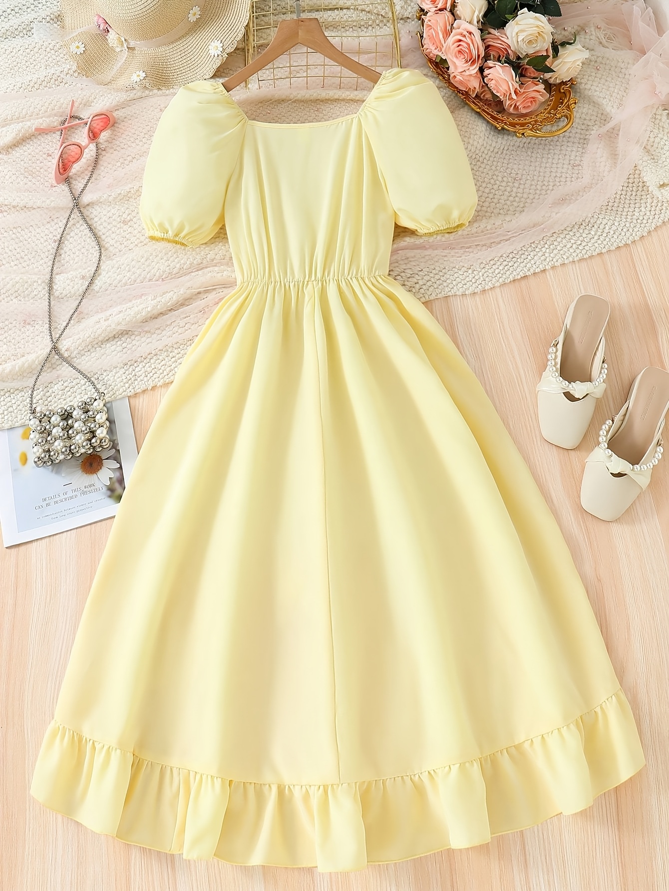 teenage girls square neckline bubble sleeve maxi dress large - Temu United  Arab Emirates