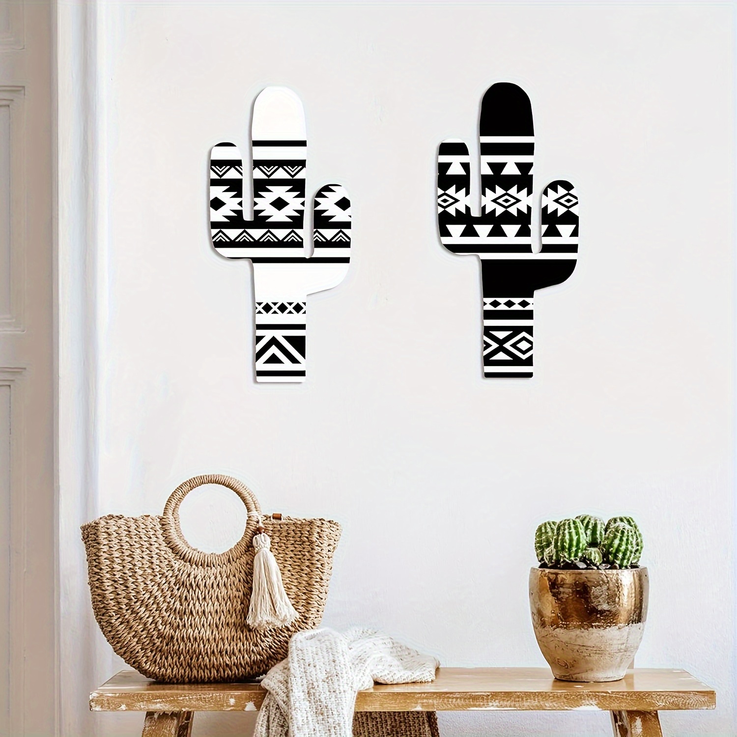 

2pcs/set, Aztec Cactus Wall Decor Set, Western Wooden Home Decor, Farmhouse Rome Decor For Living Room, Bedroom, Kitchen, Office, Southwest Black White Wall Art