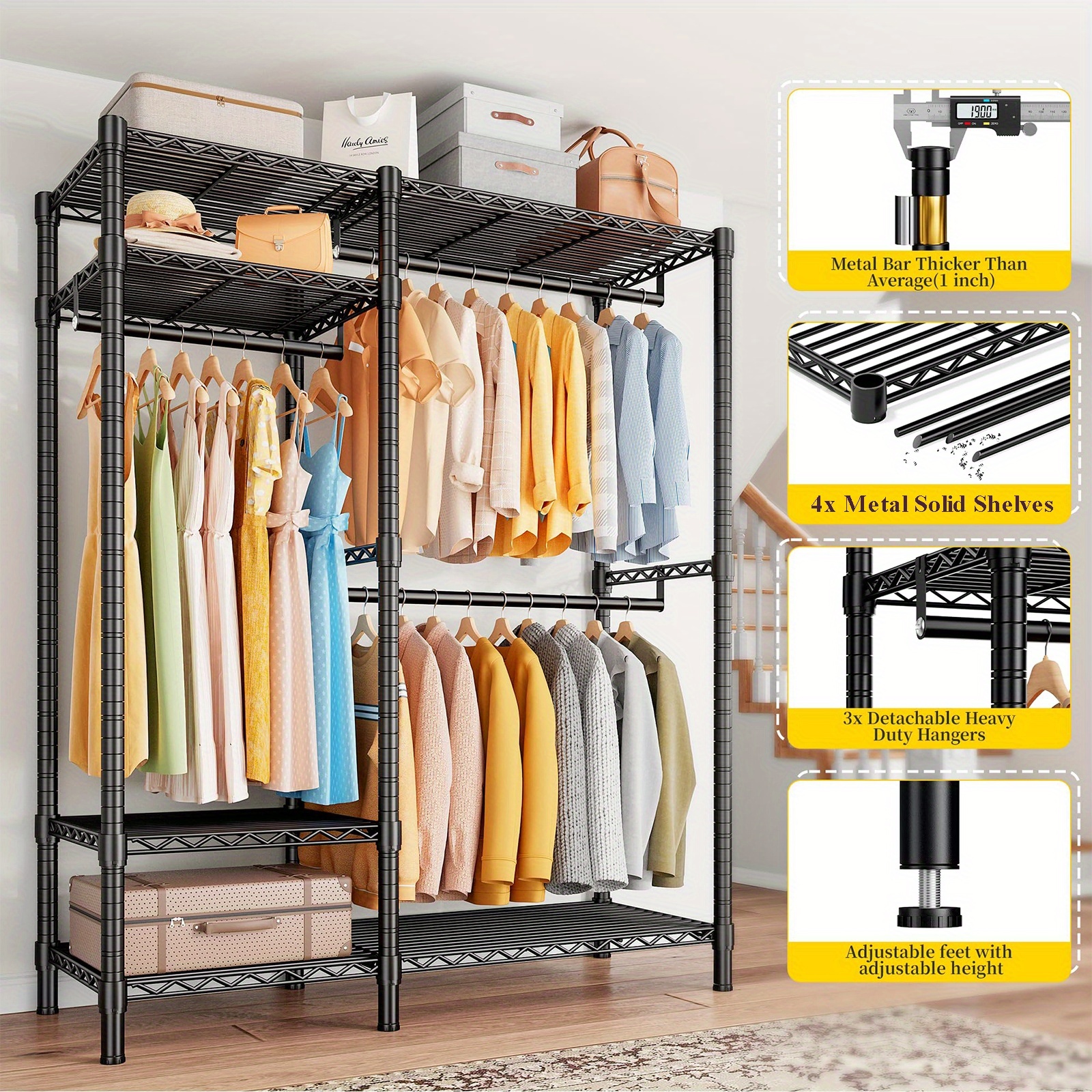 TEMU Black Metal Garment Rack 700lbs - 6-shelf Compact For Long Dresses & Pants | Apartment Storage Solution With 3 Hanging Bars (45x79 Inches) |