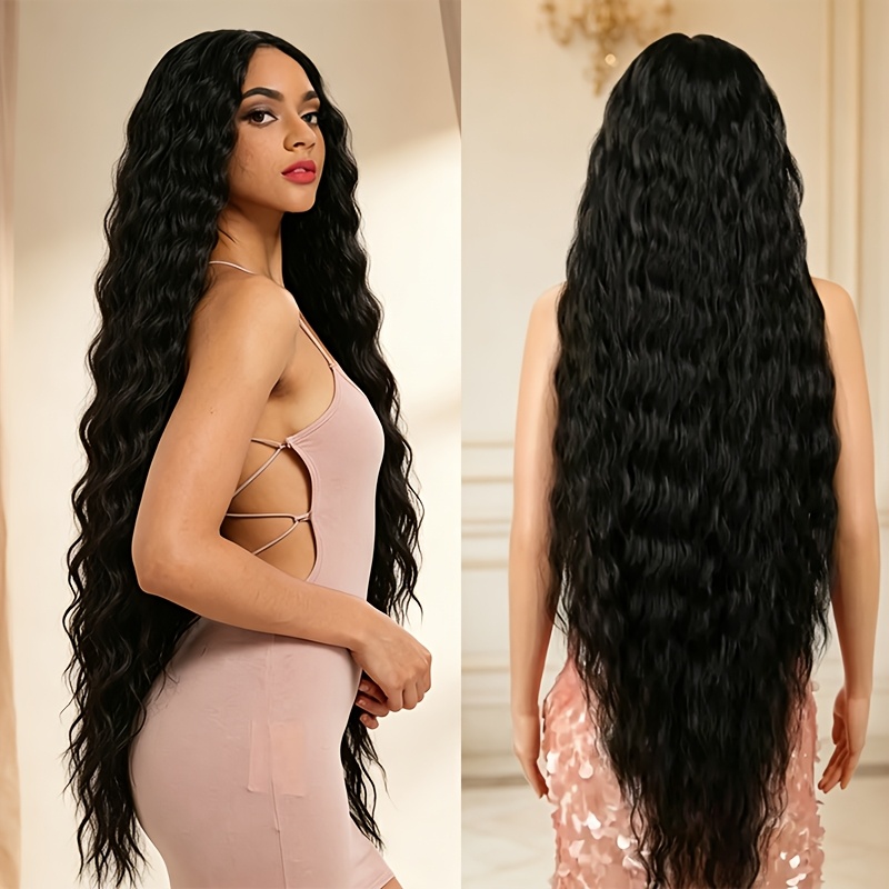 TEMU Extra-long Center-part Black Elegant Long- Ripple Wig, Made Of High-temperature Resistant Synthetic Fiber With A Breathable And Simulated Scalp.