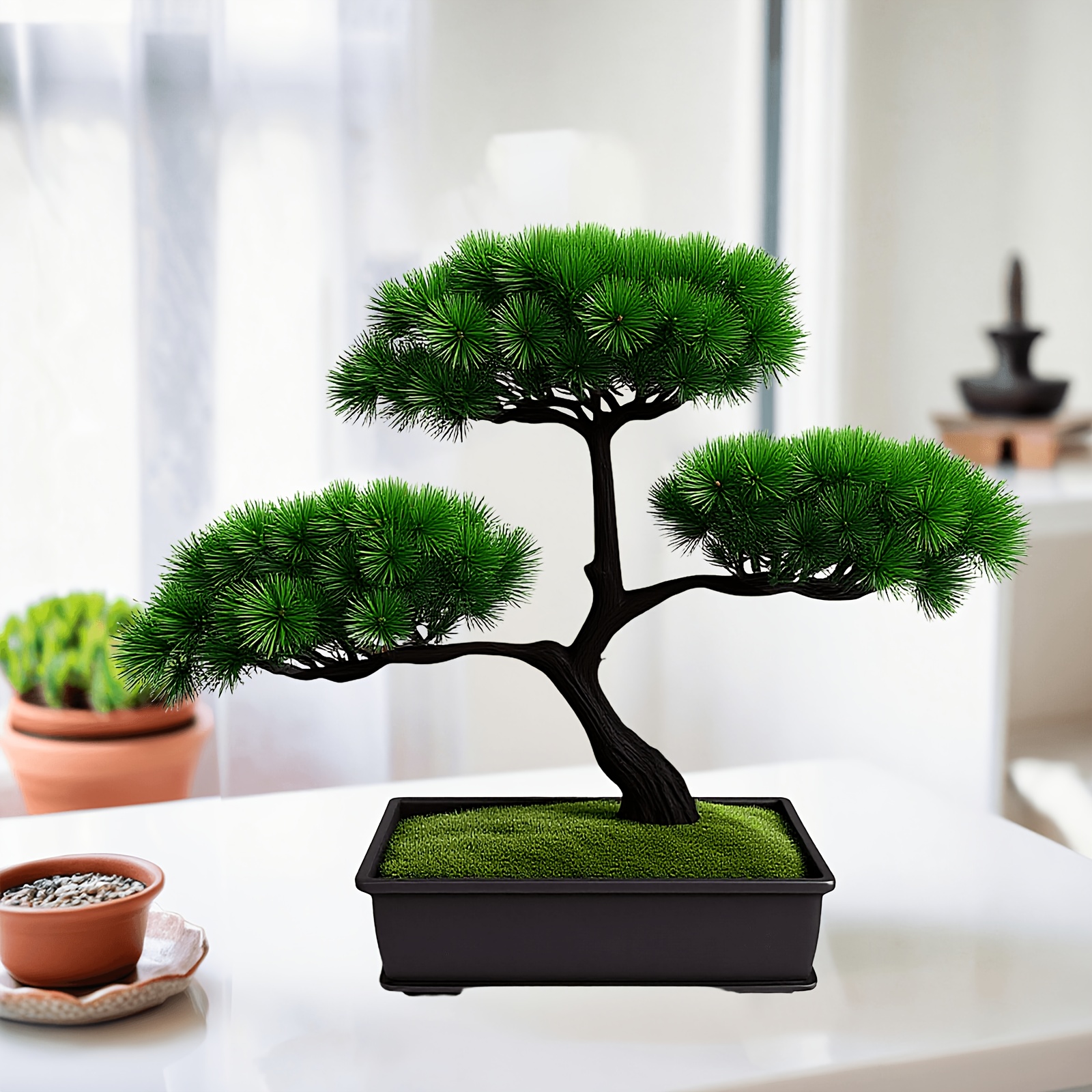 Realistic Artificial Pine Bonsai Tree - 27.94 cm High-Quality Plastic Bonsai with Lush Foliage & Black Pot, No Watering Needed for Office, Living Room, Restaurant Decor - Housewarming Gift, Birthday Present & Christmas Decoration