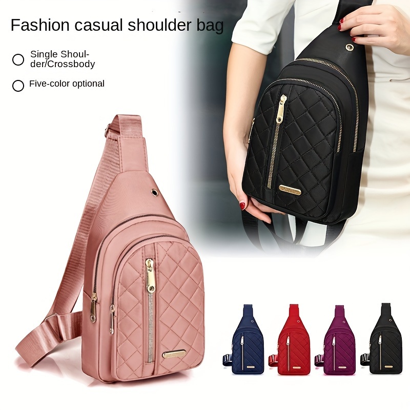 

Adjustable Strap Women's Nylon Crossbody Bag - Casual Quilted Sling Shoulder Bag With Zipper Pockets, Fade-resistant, & Cycling - In Black, Pink, Navy Blue, Red, Purple, Small Crossbody Bag