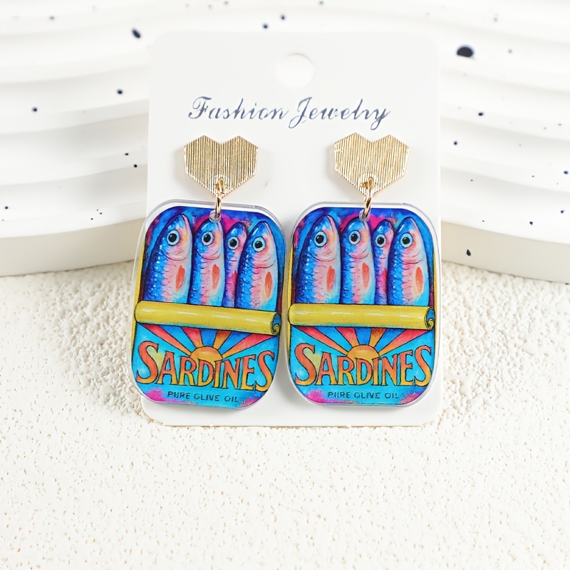 TEMU Summer Ocean Sardine Can Earrings, Women's Acrylic Earrings, Love Heart Temperament Striped Alloy Ear Studs, Suitable For Vacation And Summer,