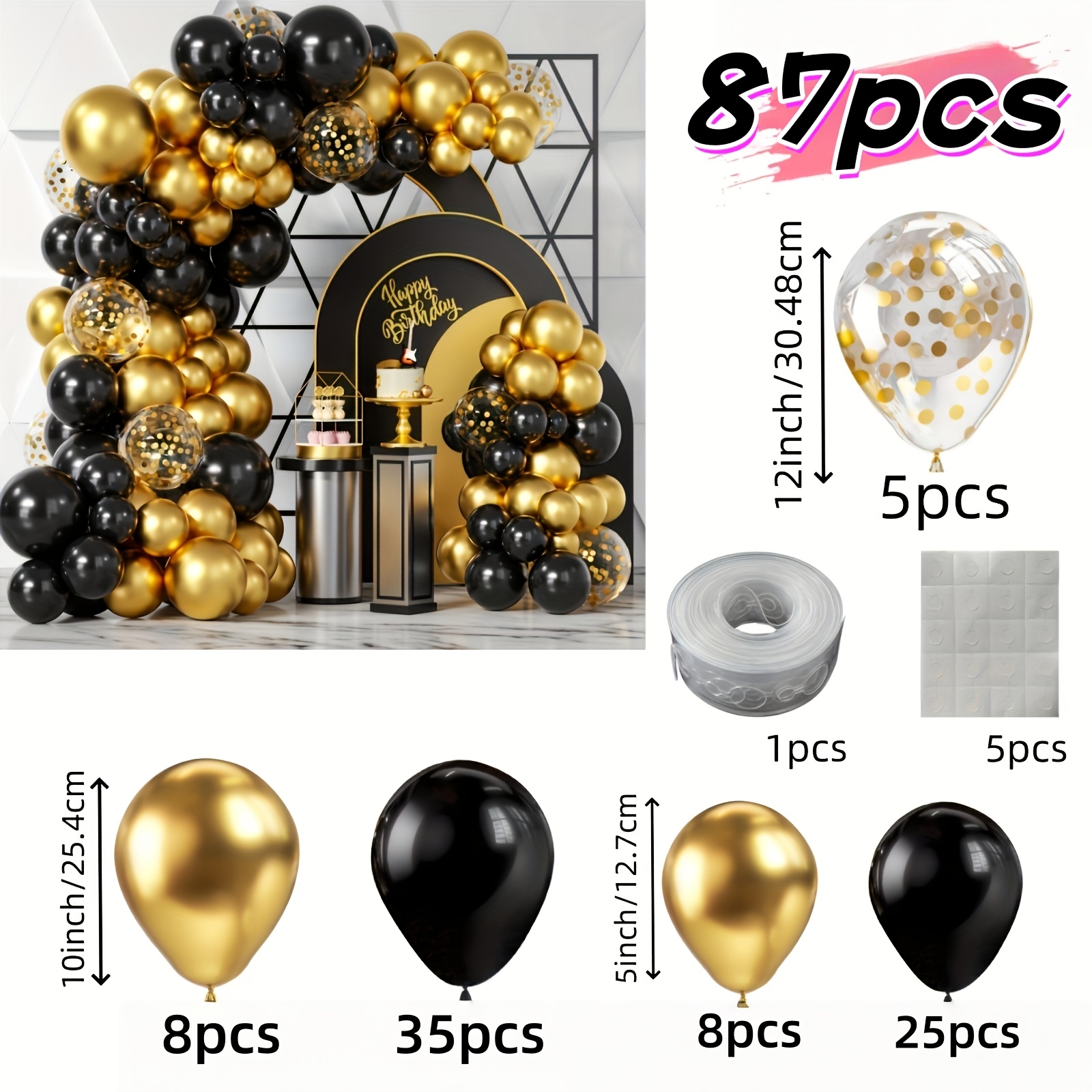 TEMU Kit de 87 pièces pour de guirlande de ballons noirs et dorés - Décoration de fête pour anniversaire, anniversaire de retraite, de diplôme, de