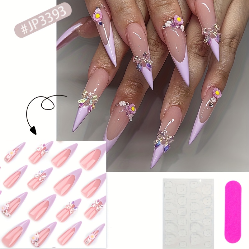 

24pcs 3d Aurora Bow Purple Press-on Nails, Long Shape, Glitter , Full Coverage Fake Nails For Women And Girls