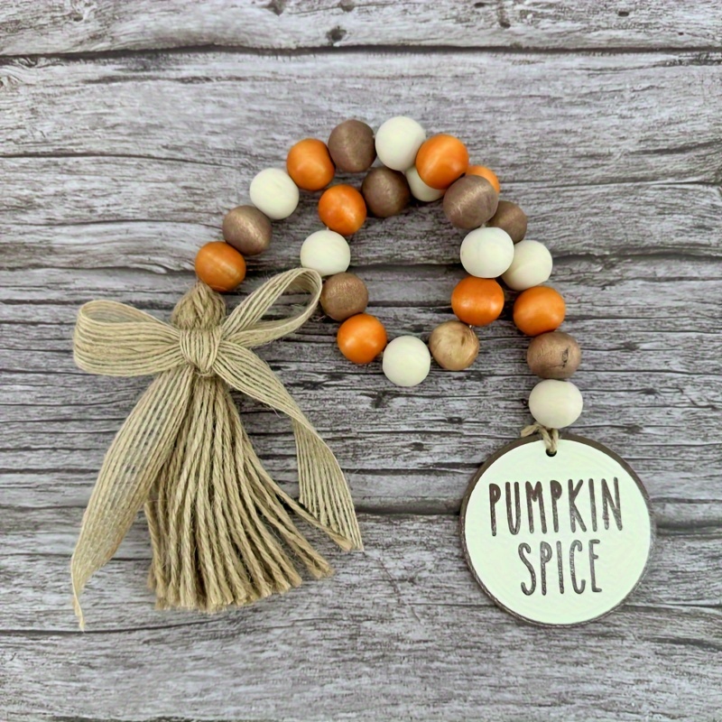 Image of Farmhouse Thanksgiving Pumpkin Spice Wooden Bead Wreath, Tiered Tray Decor, Autumn, Halloween Decoration, Tassel Garland