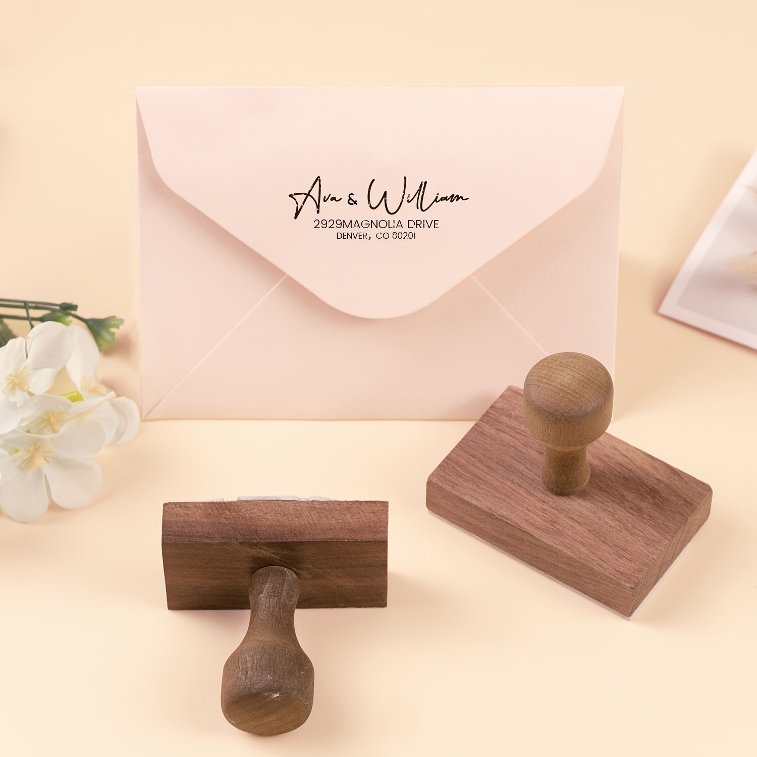 

Custom Wooden Address Stamp For Invitations - Self-inking, Personalized Lettering, Rectangular Design In Tan/light Brown - Ideal For Wedding &