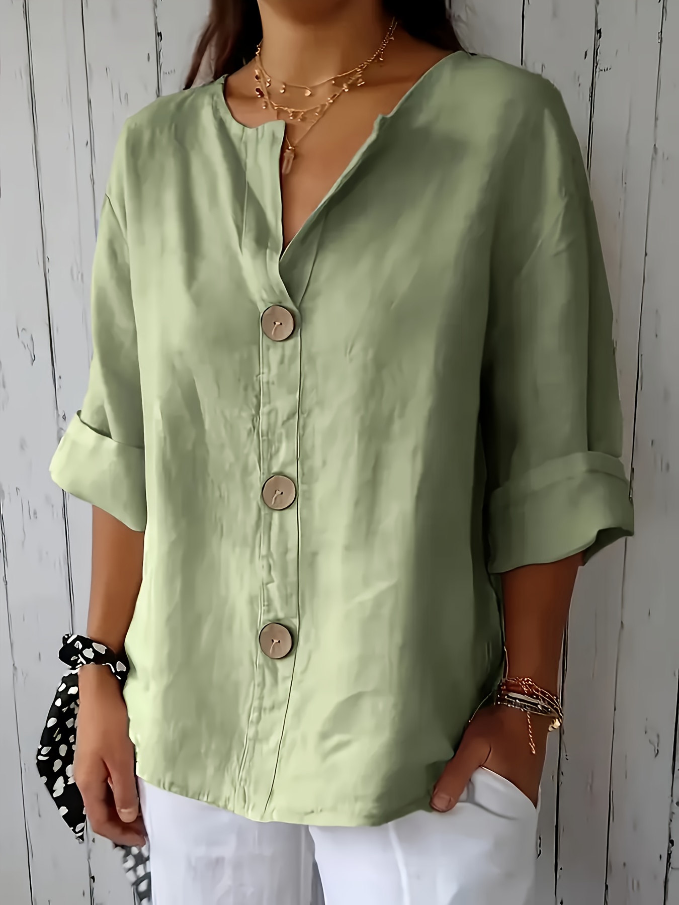 fashion womens casual loose shirt suitable for vacation outfits decorative button design