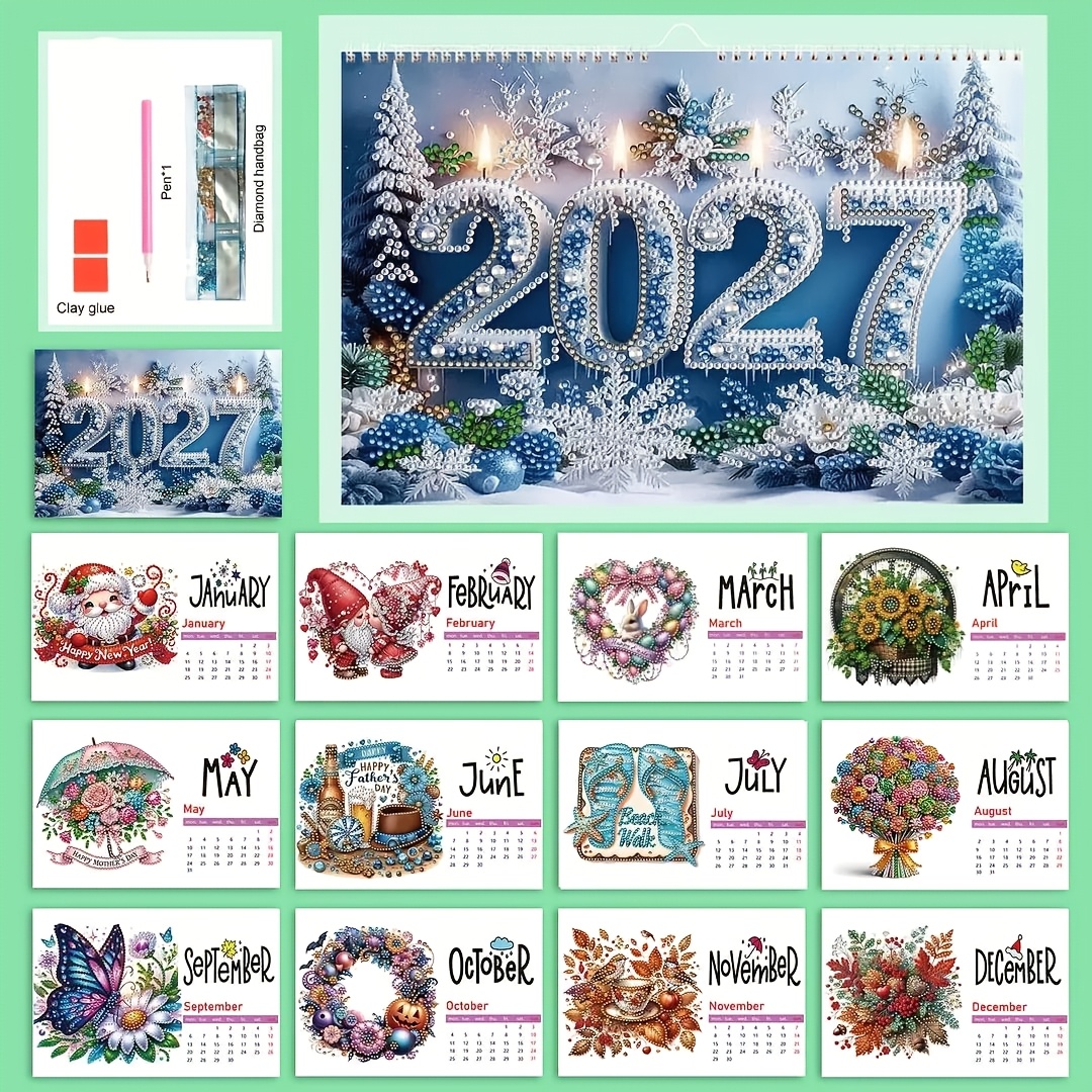 TEMU 2027 Diamond Painting Desk Calendar Diy Kit, 12-month Holiday Themed Patterns, 5d Diamond Dot Painting Calendar With Full Set Of Tools, Stress-