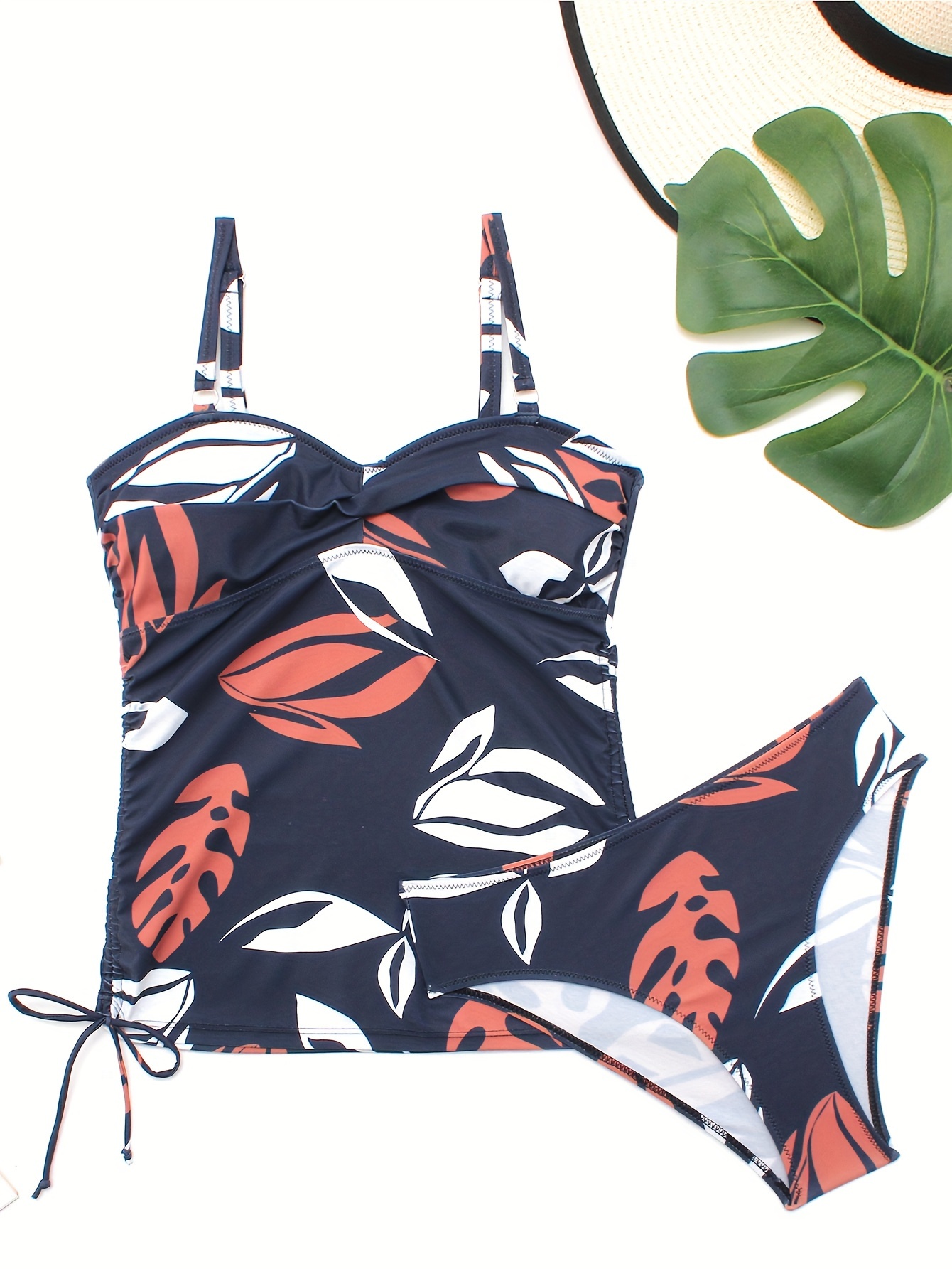 Tropical Plant Pineapple Print Black 2 Piece Set Tankini, Scoop Neck *  Stretchy Tummy Control Swimsuits, Women's Swimwear & Clothing