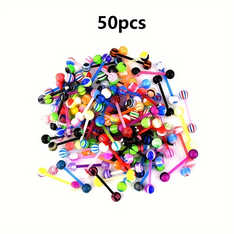 

50 Piece Set Of Colorful Tongue Studs 16mm Bar Mixed Set Of Plastic Materials, Fashionable And Personalized Y2k Piercing Barbell Nipple Bars, Women's Jewelry Multiple Piece Set