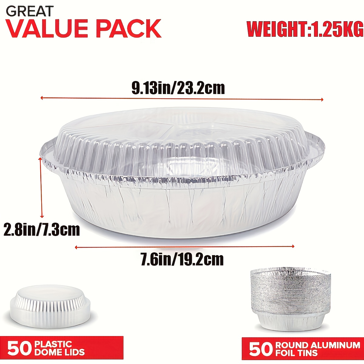TEMU 50 Pack 9.13" Round Aluminum Foil Pans With Lids Pie Tins Disposable 9.13 Inch With Lid, Containers For Pies, Cheesecake, , Flan, 2" Deep Dish