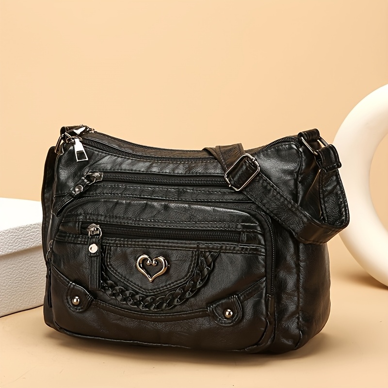 item picture Multi-Pocket Hot Selling Vintage Crossbody Bag - Adjustable Shoulder Strap & Multi-Pocket Design, Large Capacity Heart Decoration Casual Monochrome Tote, Fashionable Trendy Choice, Suitable for Daily Use (Brown/Gray/Red/Black)