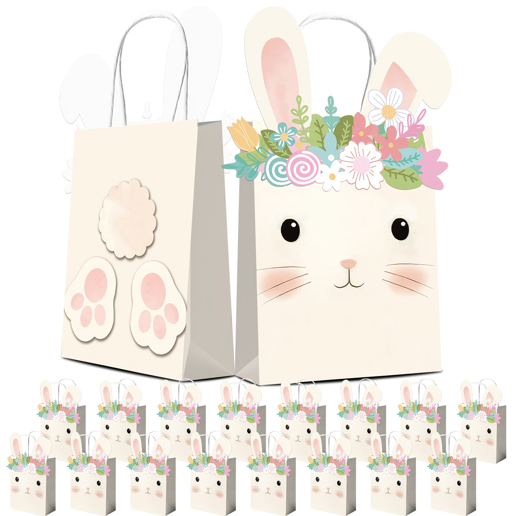 

Rabbit Bunny Bags 52pcs For 16 Guests- Handle Bags 16pcs+ Wreath Bunny 16pcs With Double Sided Stickers 20pcs, Diy Easter Bunny Birthday Treat Gift Bags