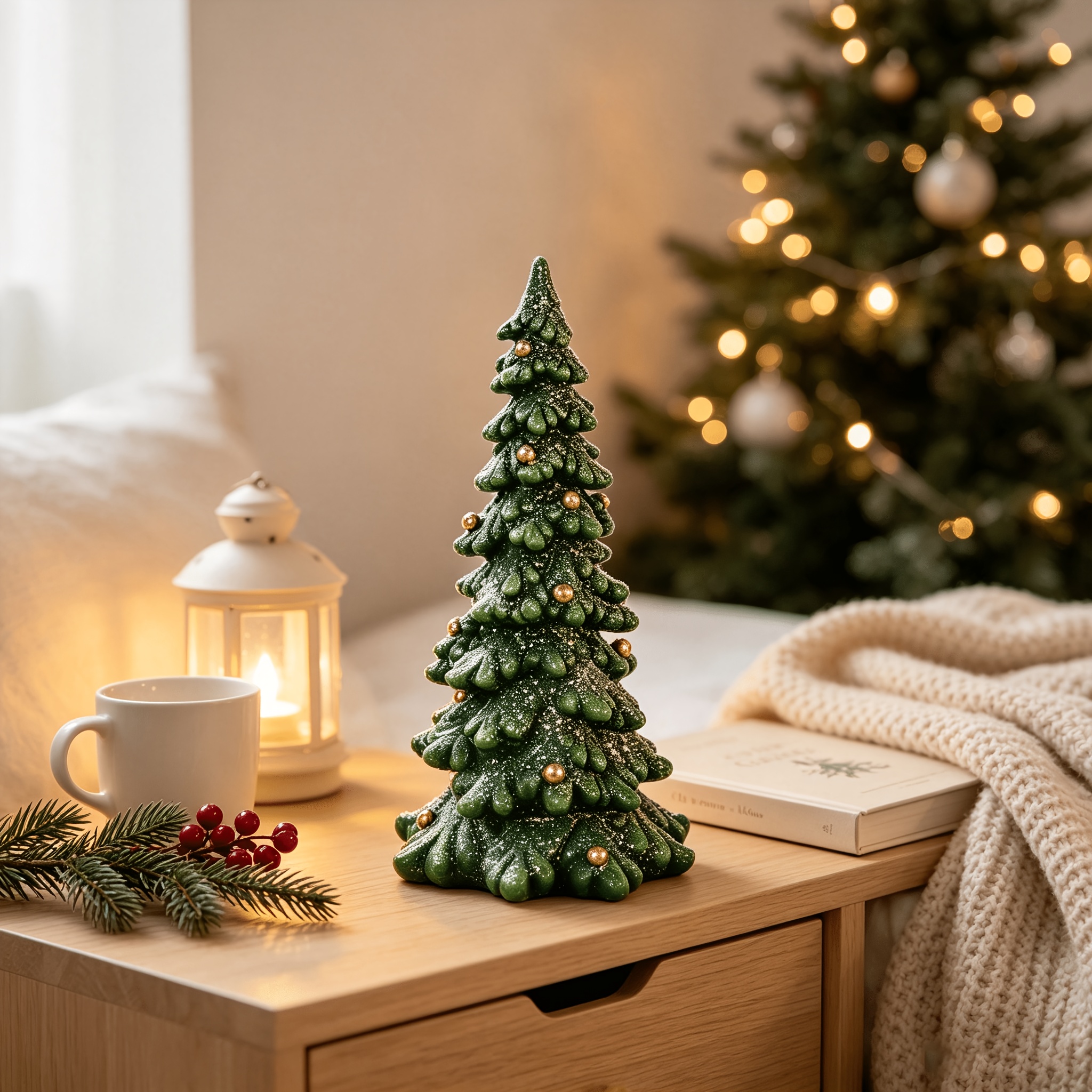 TEMU 1pc Retro Green Glittery Christmas Ornament, Realistic Resin Cedar Christmas Home Desktop Decoration, Suitable For Window Display, Dining Table