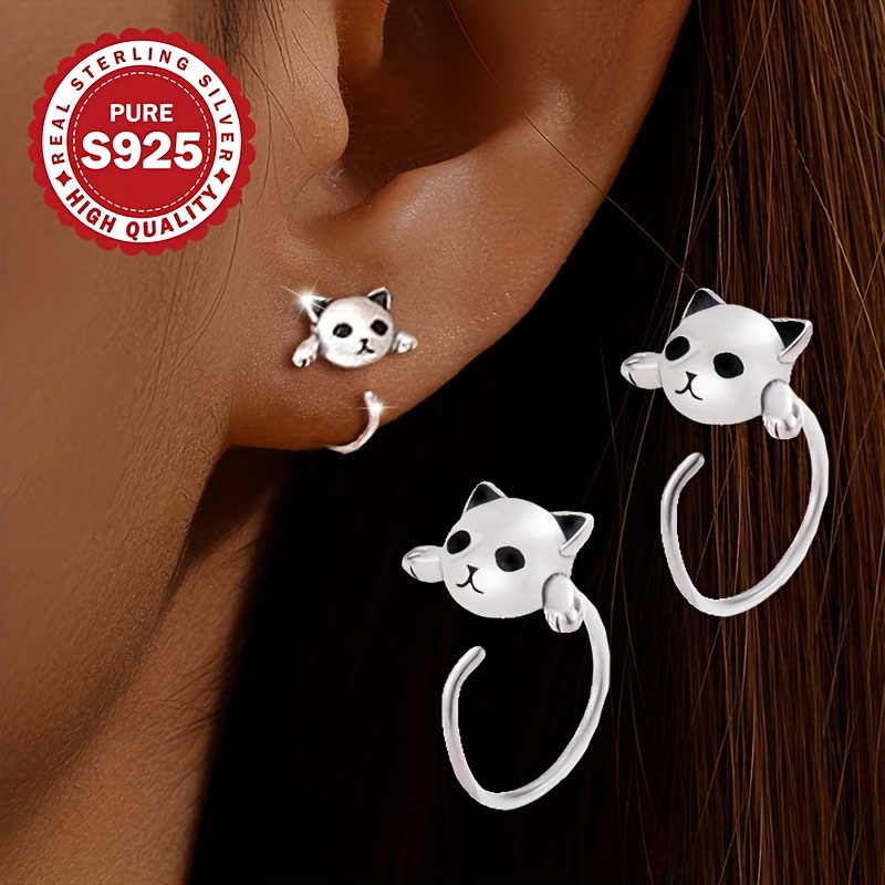 

1 Pair Of Women's Ear , S925 Pure Silvery Small And Cute Ear Hooks, Cute Cat Ear Hooks, Suitable For , Best Gift For Daughter, Low Allergy 1.8g