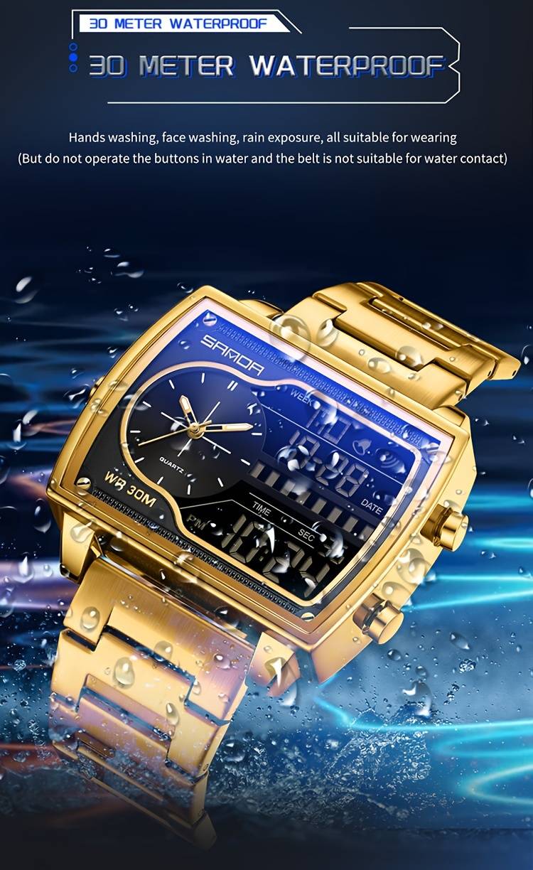 Orologio Digitale Uomo Lussuoso – Impermeabile 30m, Cronometro, Sveglia, Doppio Fuso Orario – Nero