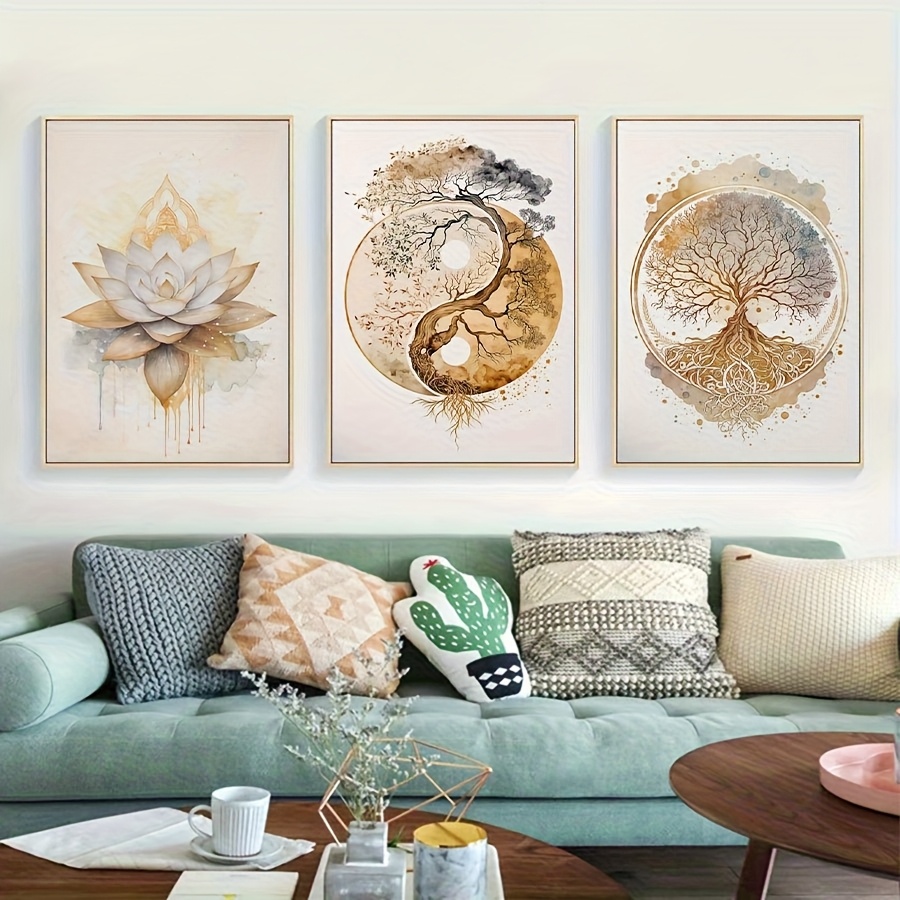 TEMU 3pcs Bohemian Golden For Lotus & Tree Of Life Frameless Canvas Posters, Large Wall Art Prints For Living Room, Bedroom, Dining, Office Decor -