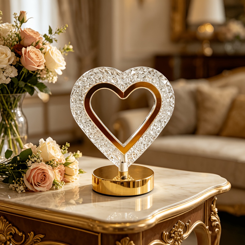 TEMU 1 Luxury Heart-shaped Table Lamp, Battery Operated, 3 Lighting , Creative Decorative Desk Lamp, Fairy Night Light. Ideal For Living Room,