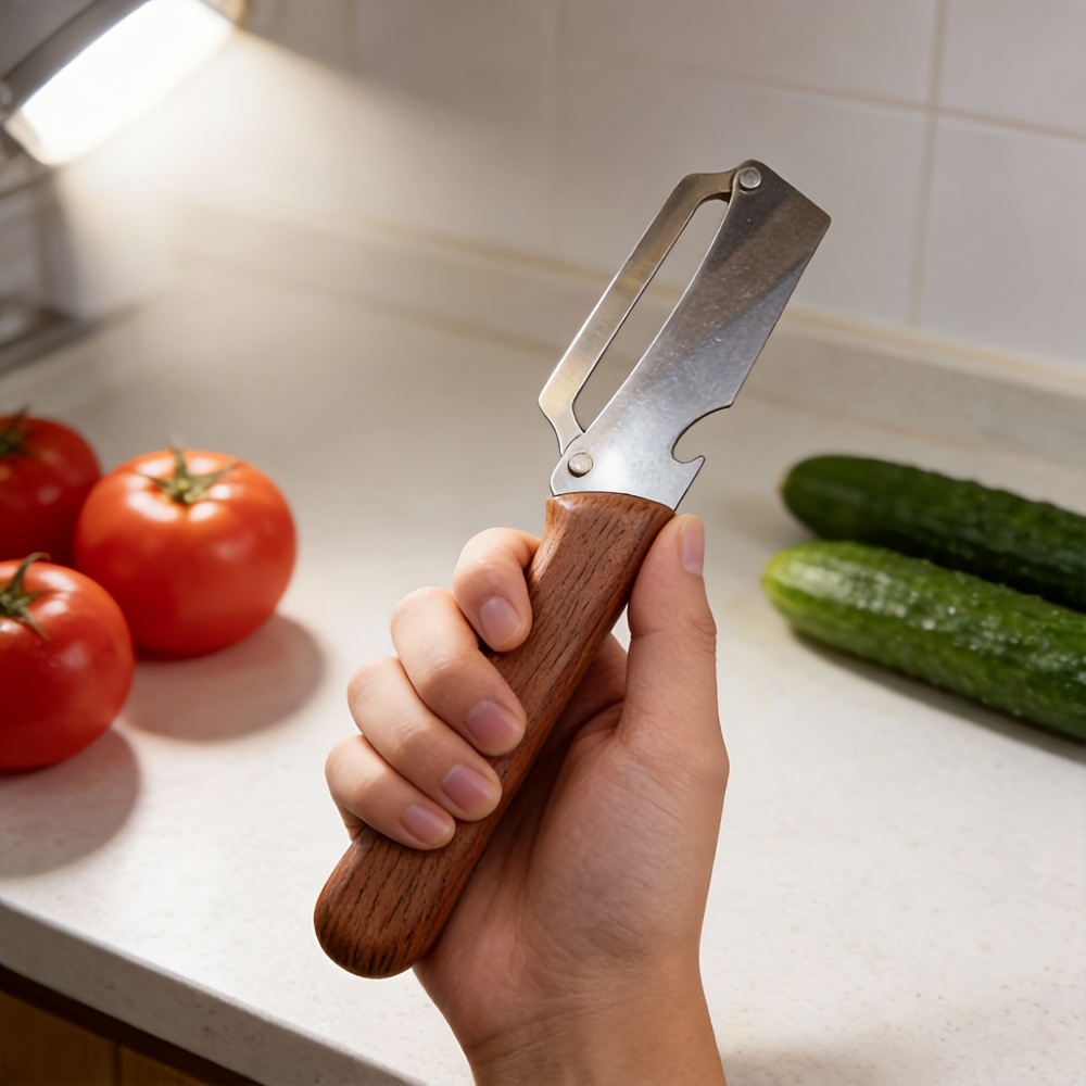 TEMU Pelador multifuncional de acero inoxidable con mango de de madera | Herramienta de cocina para diestros, ideal para pelar rápidamente patatas, ,