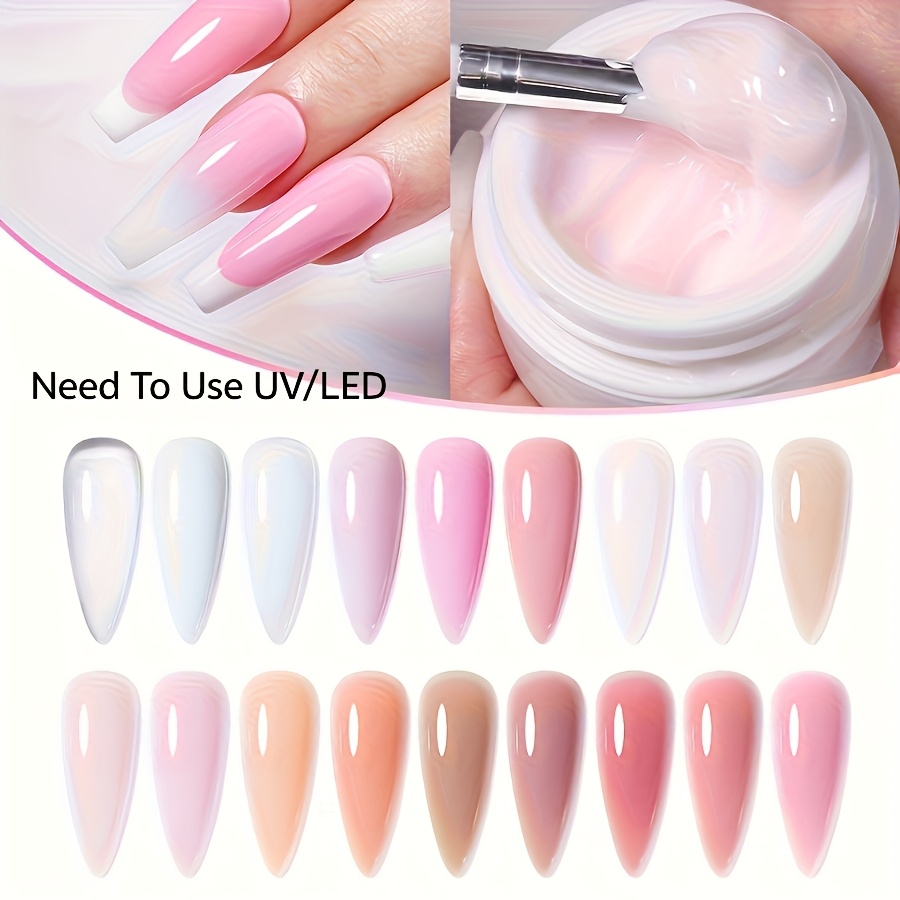 set of 6 nail extension gels that are non sticky designed for quick application with phototherapy suitable for soaking off and compatible with led lamps for use at for home or in salons no  