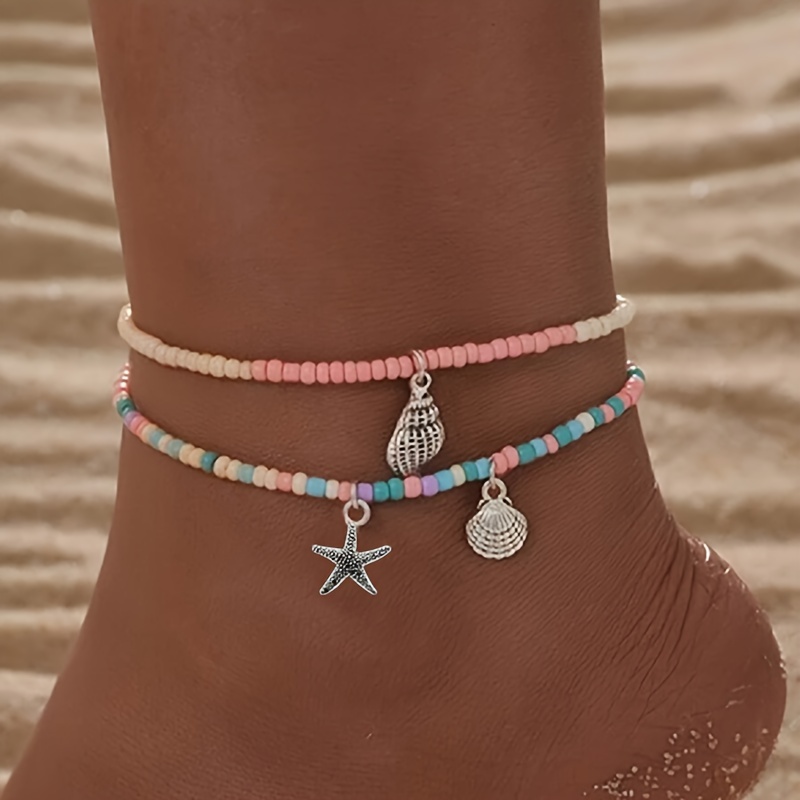 Image of 2pcs/set Summer Beach Starfish Conch Rice Bead Anklet Small Fresh Shell Pendant Anklet Pink Beaded Anklet Multiple Mixed Color Contrast Color Retro Leg Ornaments