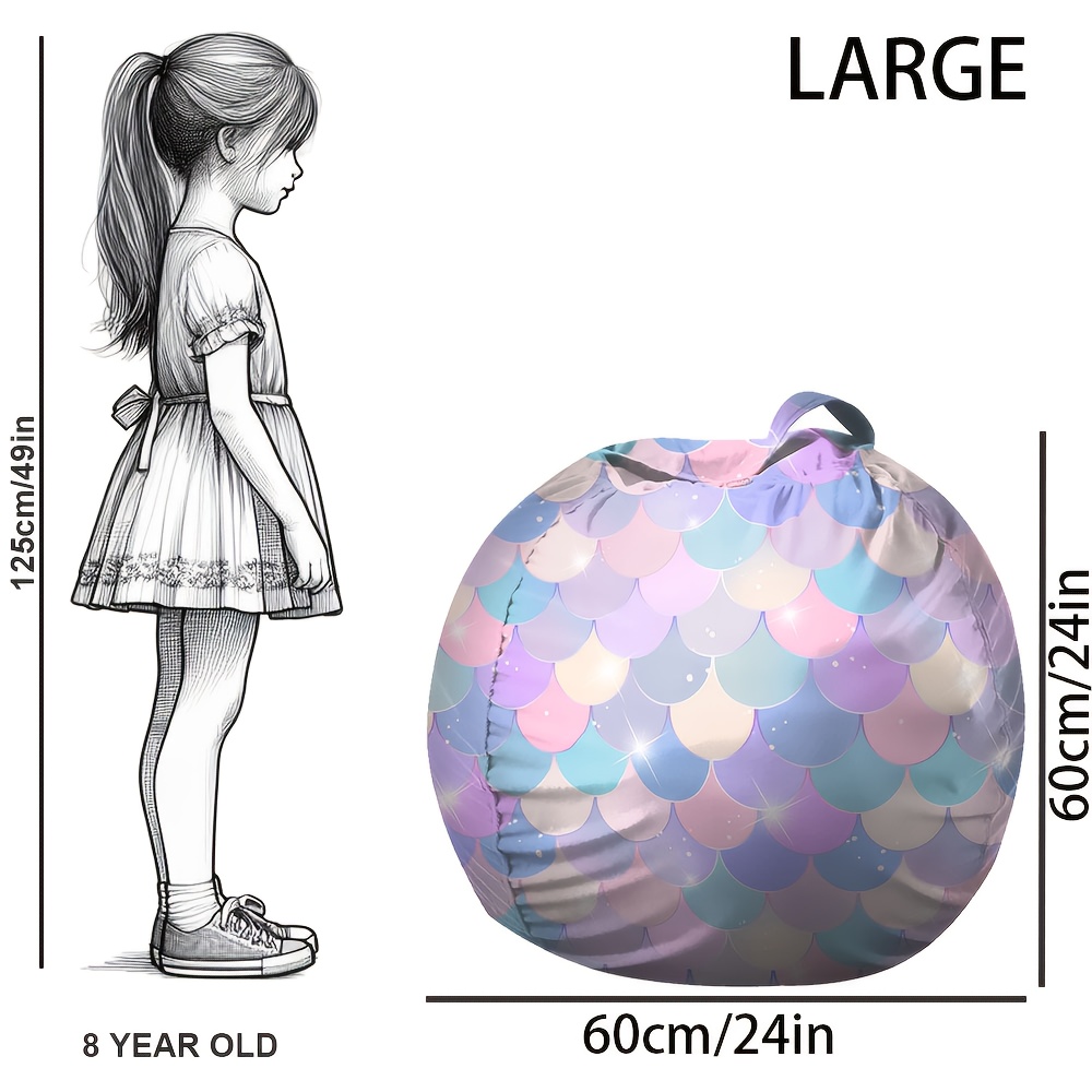 Mermaid Scale Bean Bag Chair Cover For Kids, Large Stuffed Animal Storage Bag With Handle & Zipper, Floor Lounger & Organizer For Bedroom, Playroom Decor (cover Only, No Filler)