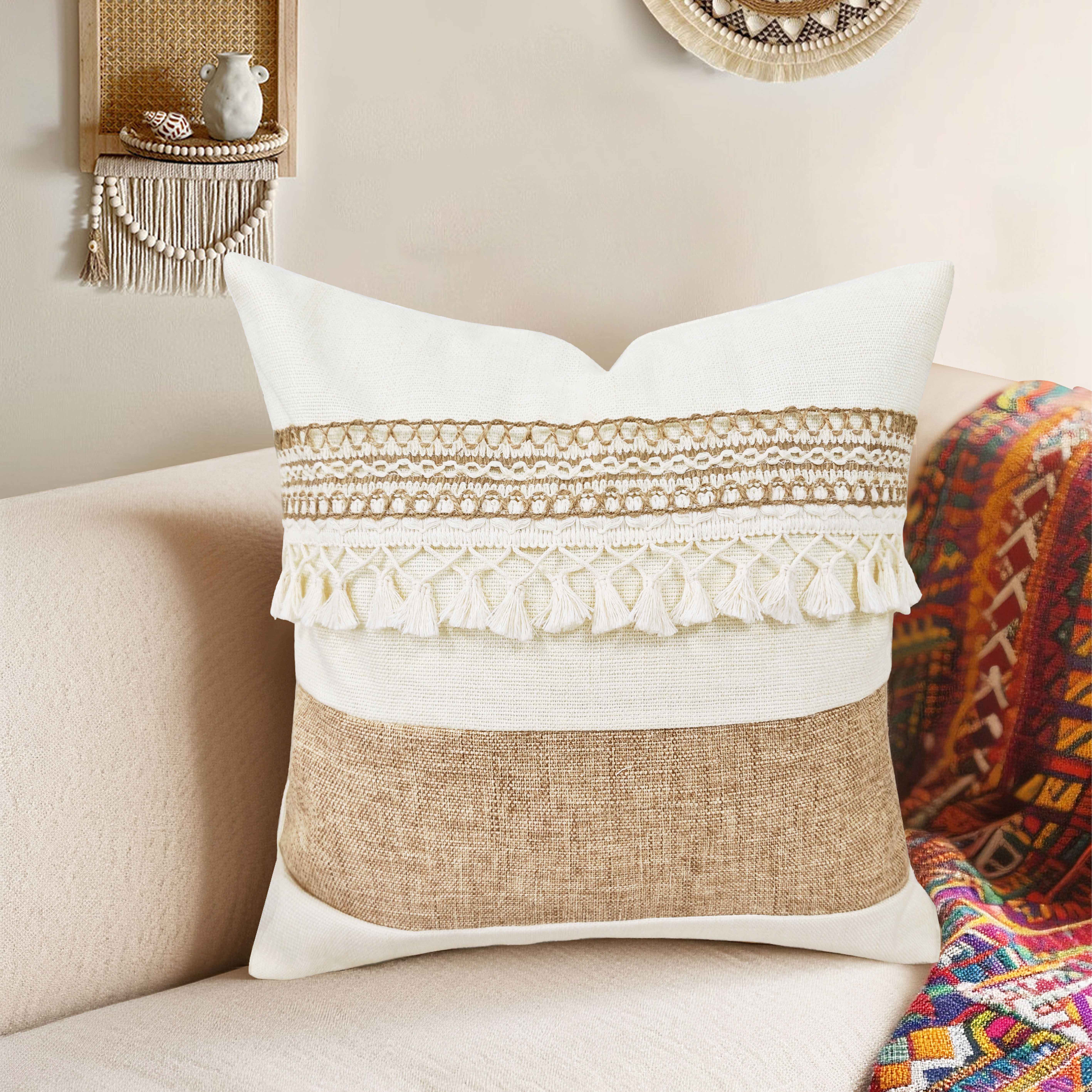 E-shop 1 Stück Bohemian Fransen-Kissenbezug, Beige Patchwork-Design, Polyesterstoff, Reißverschluss | Geeignet für Sofa Schlafzimmerdekoration,