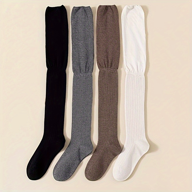 Image of 1 Pair/4 Pairs Of Spring/autumn New Slimming Over-the-knee Stacked Socks, Japanese-style Solid Color Loose-cuff High Socks, For Teenager