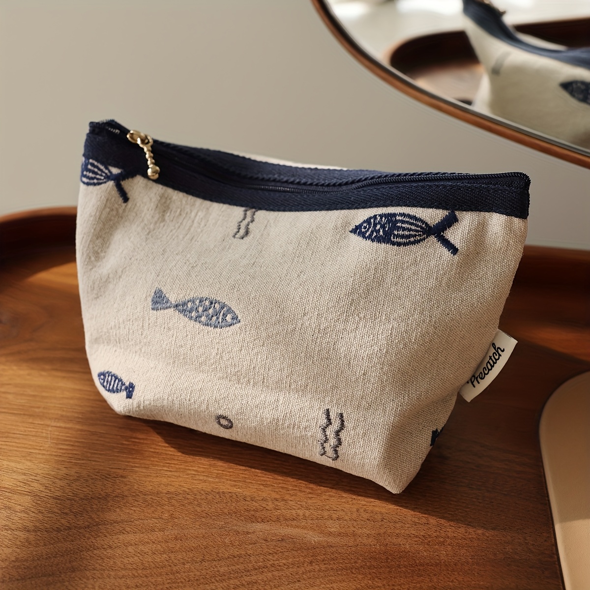 Fish Embroidery Makeup Bag, Artistic Japanese-style Pouch, Travel Portable Zipper Organizer, Ethnic Style Inner Lining Bag, Handmade Medium-sized Bag