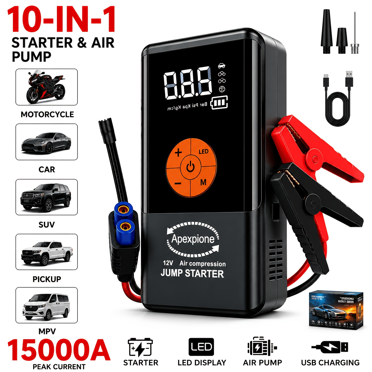 15000a Portable Car Jump Starter With Air Compressor, 250 Psi Tire Inflator, Portable Battery With Emergency , Tire Inflation, Usb Input/output, Led Light And Lcd Display