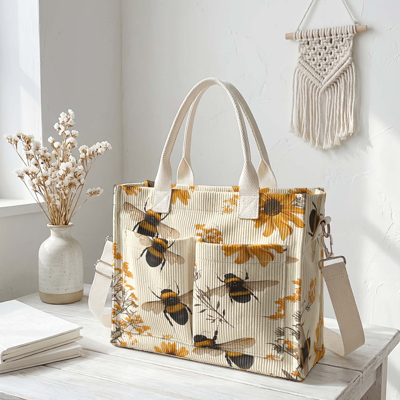 TEMU 1 pièce, Sac bandoulière pour femme, Imprimé Abeille et Floral 2D, Velours côtelé avec plusieurs poches, Double usage comme sac à main/sac