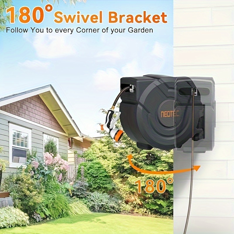 

Retractable Hose Reel, 1/2 In X 100 Ft Wall Mounted Garden Hose Reel, Heavy Duty Garden Water Hose Reel With 7-pattern Nozzle, Any Length Lock, Auto-rewind Slow Return System, 180°swivel Bracket